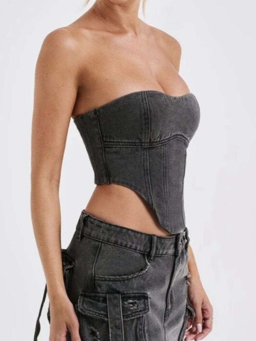 High-Rise Black Denim Bustier Corset Y2K Top